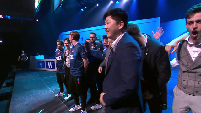 3 Dallas Fuel players crying tears of joy after beating the Houston Outlaws in the Overwatch League's first ever home game in Dallas, Texas