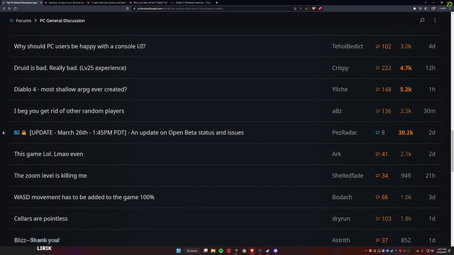 Lirik scrolls through discussions on Diablo 4