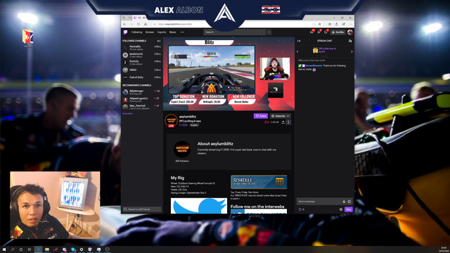 F1 driver Alex Albon raids a small streamer