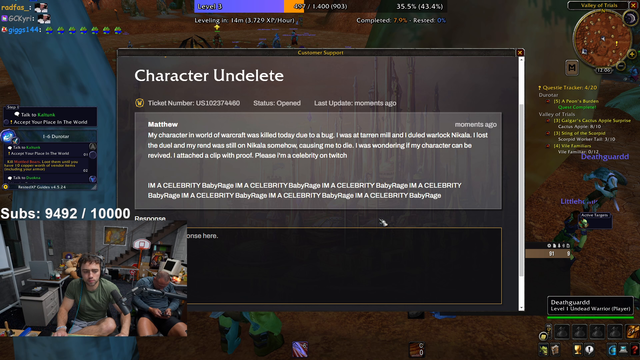 Mizkif submits a ticket to Blizzard to get his character back