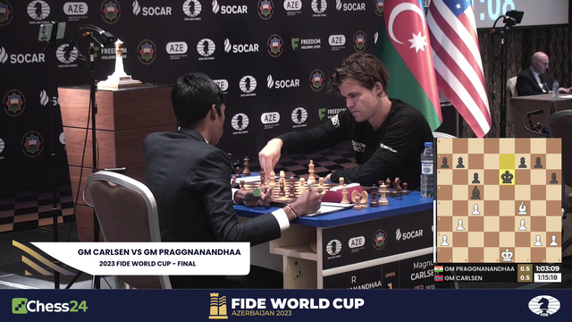 The second game of the FIDEWorldCup final between Praggnanandhaa and Magnus Carlsen ends in a draw after 30 moves in 1 hour.