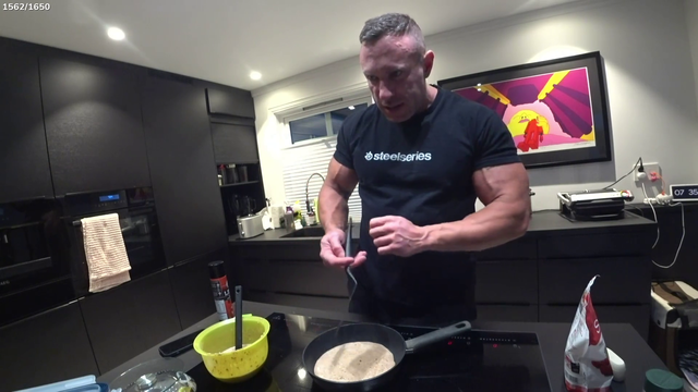 Knut flips a pancake