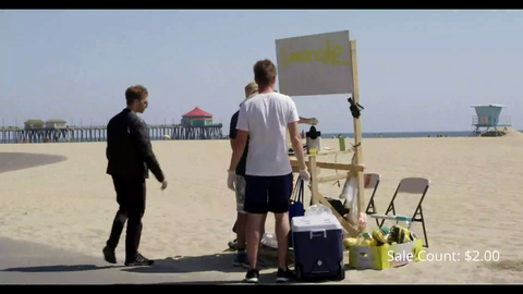 Woman comes to Reckful and Reynad to take a photo of them selling the lemonade and then goes to cops so they have to eject them from the beach.(The red car in the end)
