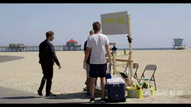 Woman comes to Reckful and Reynad to take a photo of them selling the lemonade and then goes to cops so they have to eject them from the beach.(The red car in the end)