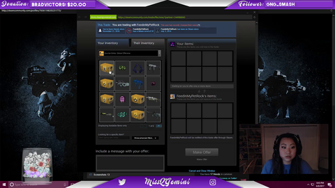 Here's MissQGemini trading all her items to her new account before the VAC hammer hits her.