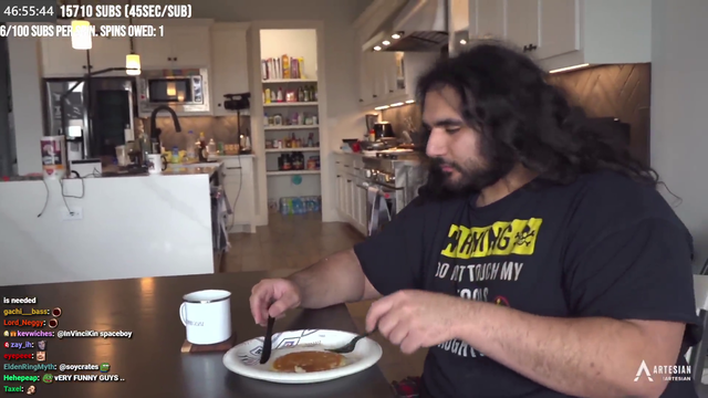 Esfand leaves the dinner table to get a bottle of whiskey