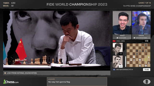 Ding Liren (World #3) freezes in Chess World Championship game with just 45 seconds on the clock