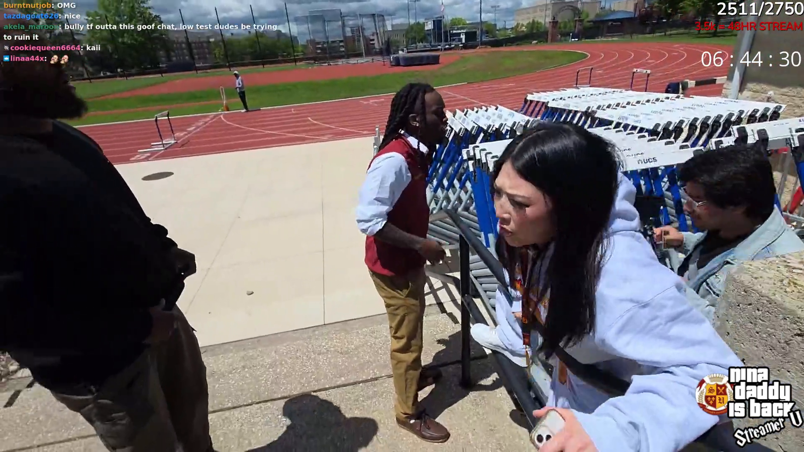 Kai cenat catches stream sniper that snuck into streamer university. Sends Nina to the office for talking to him.