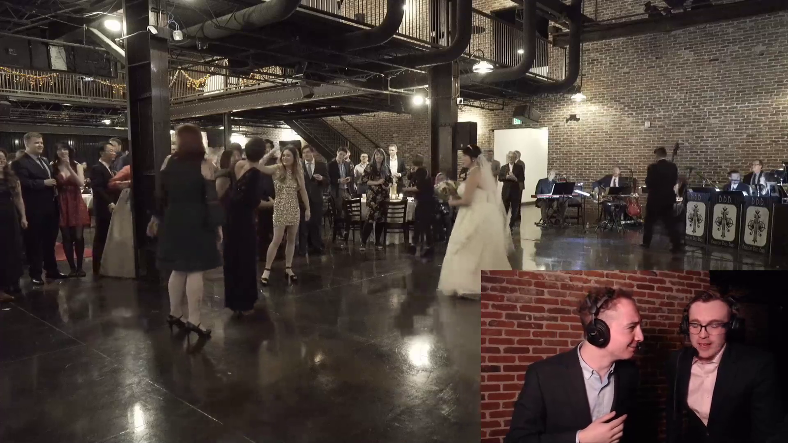 Bren and Sideshow commentating the bouquet toss at Monte and Susie's wedding