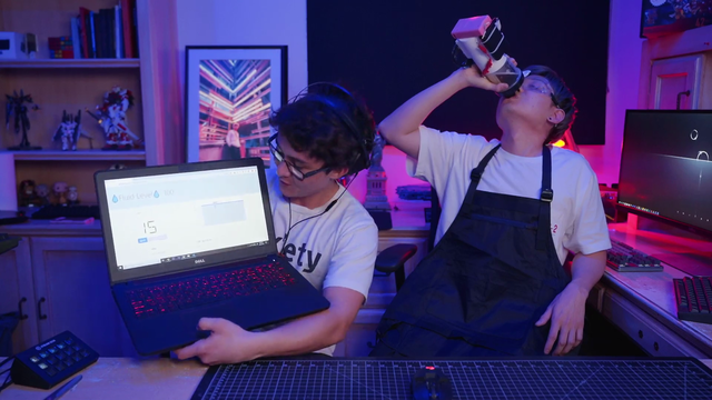 Albert chugging from the tazer cup