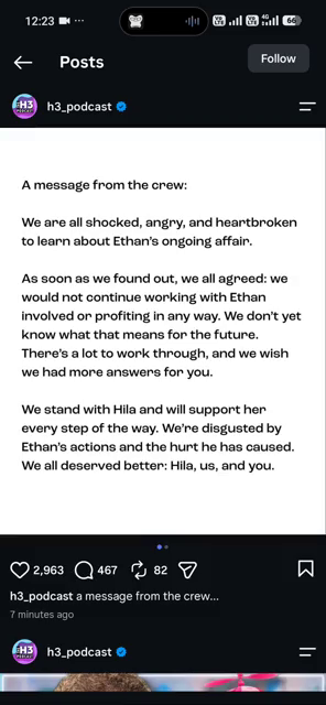 H3 Podcast official Instagram shares their statement on Ethan's cheating and announces they will not continue working with him