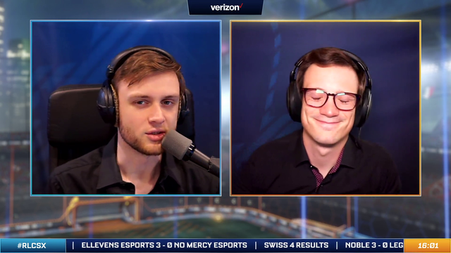 Rocket League caster reaches through time and space to point at this co-caster
