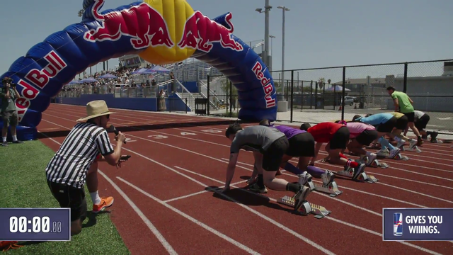 Erobb's walmart shoes go flying during the 99m dash.