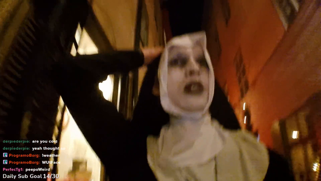 Guy dressed up as a scary nun is scared himself by a kid