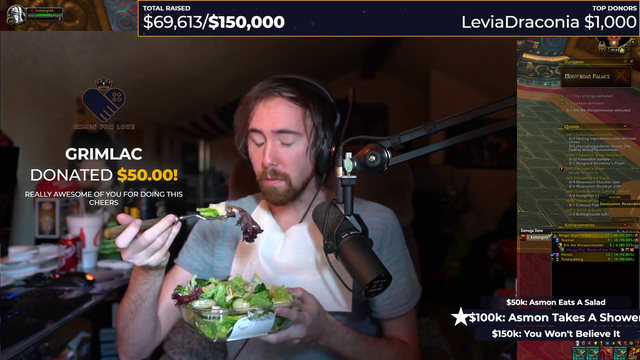 Asmon eats a salad for charity
