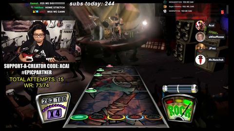 Acai 100% completes Guitar Hero 2 Permadeath (All 74 songs, in one sitting, without missing once, and a single miss resets the entire save file to zero) after 8 hours