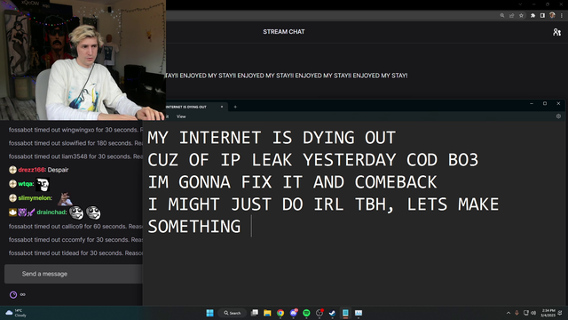 xQc goes offline after a couple minutes due to DDoSer, explains that it's been going on for days even with new IP