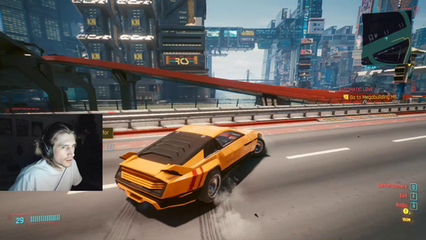 xQc does a backflip in a car in Cyberpunk