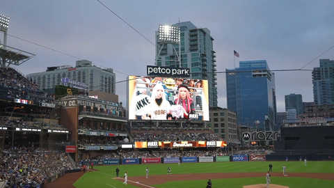Celebi and Emiru on the Jumbotron during the intermission of the Padres vs. Dodgers Baseball Game