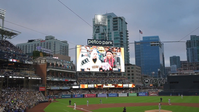 Celebi and Emiru on the Jumbotron during the intermission of the Padres vs. Dodgers Baseball Game