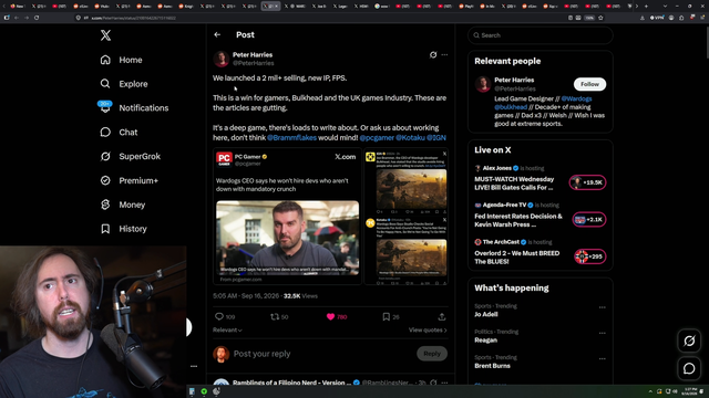 Asmongold thinks gaming journalists will try to misrepresent WarDogs after CEO defends mandatory crunch