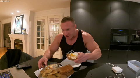 Just Knut eating his light 11:30pm snack of 8 eggs, 5 pieces of toast, 8 potatoes, and chicken