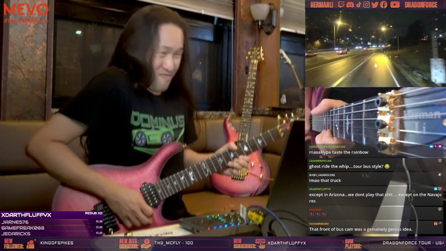 Herman Li jamming on his moving tour bus.