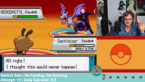 PokemonChallenges tries a "No Faint Sentret Solo Run", dies on the last Pokemon of the Champion