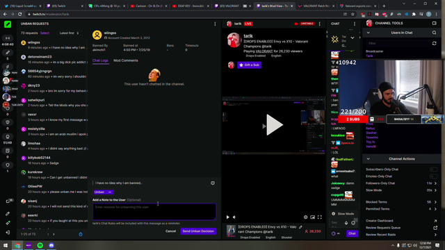 Tarik tries to do unban requests