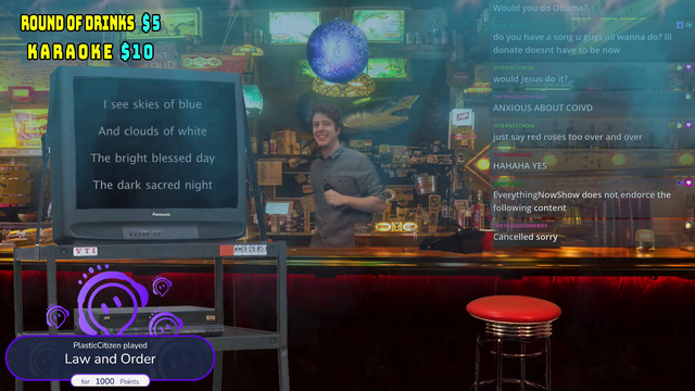 Streamer creates an interactive "bar" with working karaoke machine. Chat requests Louis Armstrong