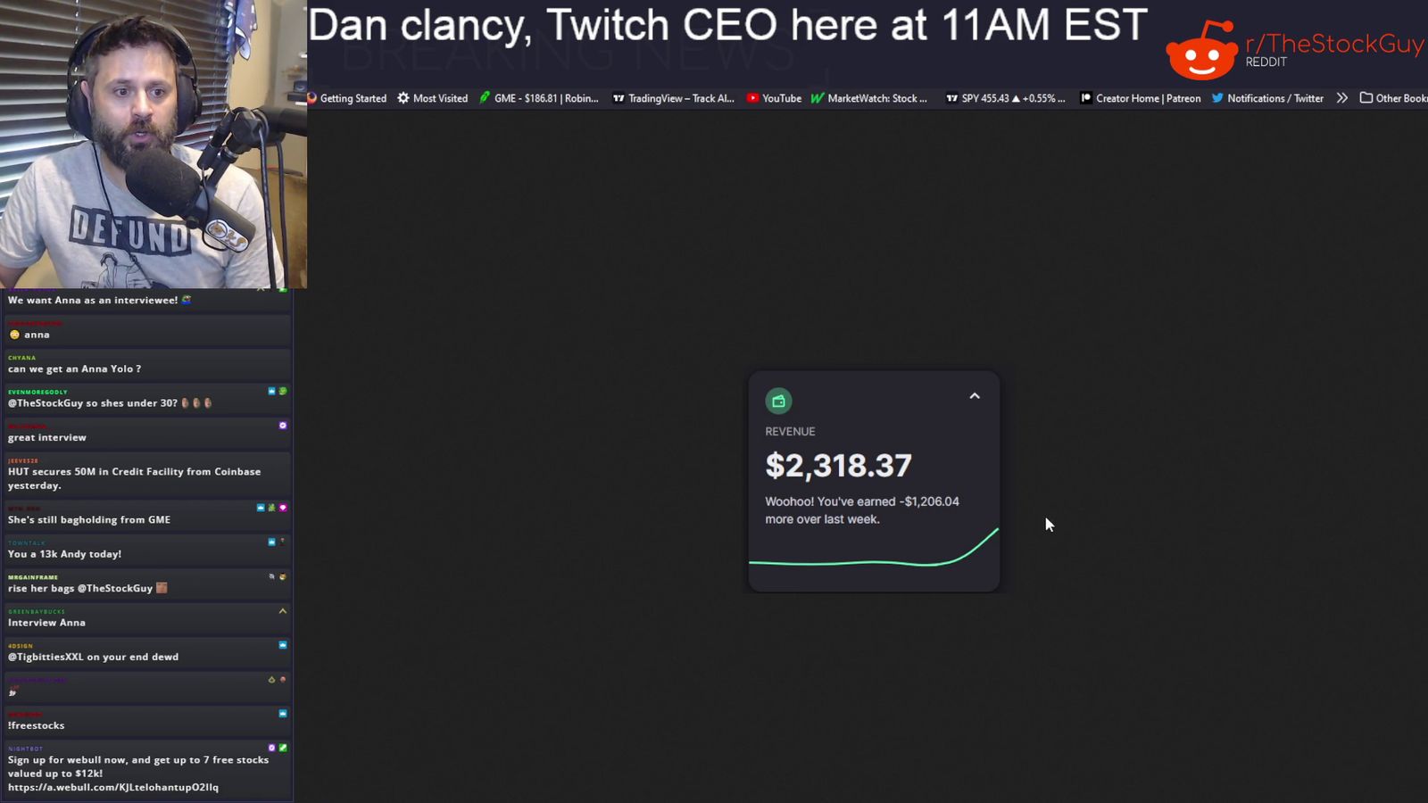 New Twitch update says "Woohoo! You've earned -1,206.04 more over last week" OMEGALUL