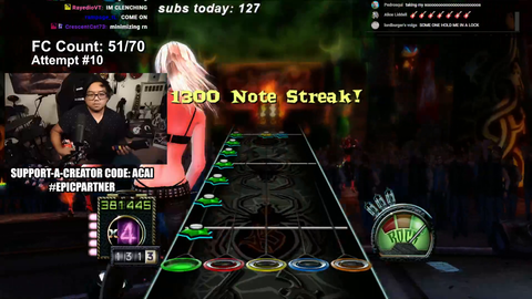 Acai Plays Guitar Hero 3 Permadeath, one fail, save gets deleted, fails at 51/70 songs after 6 hours.