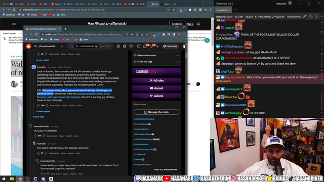 Hasan reads a comment complaining about his take on how crime was overexaggerated, finds out the guy who made the comment got suspended from reddit