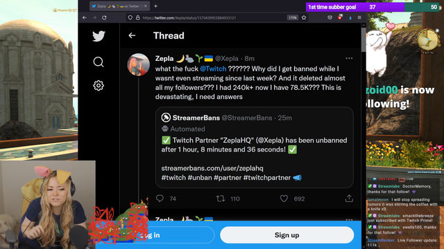 ZeplaHQ false ban, lost over half of her followers