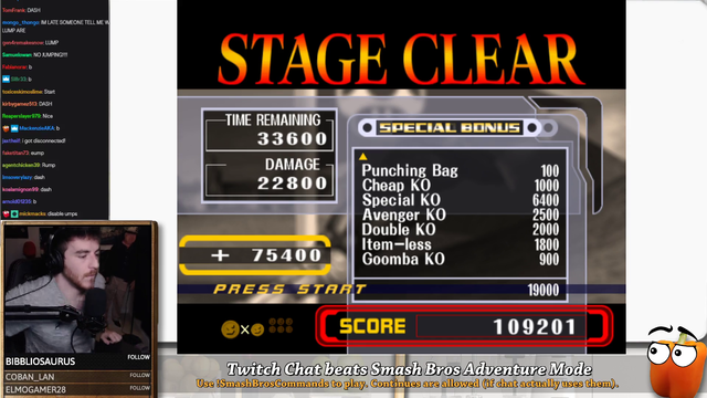 Chat beats the first level of smash bros adventure mode with perfect timing