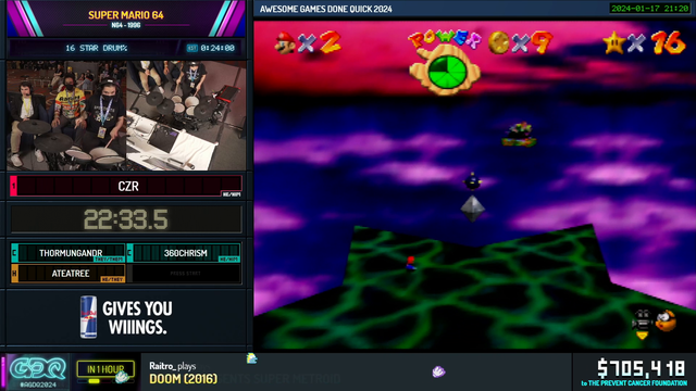 Man beats SM64 16-star with a drum set