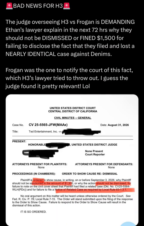 Ethan Klein's current lawsuit against Twitch streamer Frogan is currently being questioned by the judge, as it is nearly identical to the same lawsuit he lost against Twitch streamer Denims