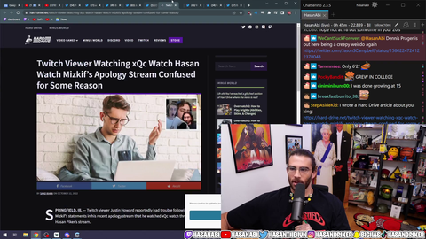 Hasan reads an article about xqc watching hasan watching mizkif