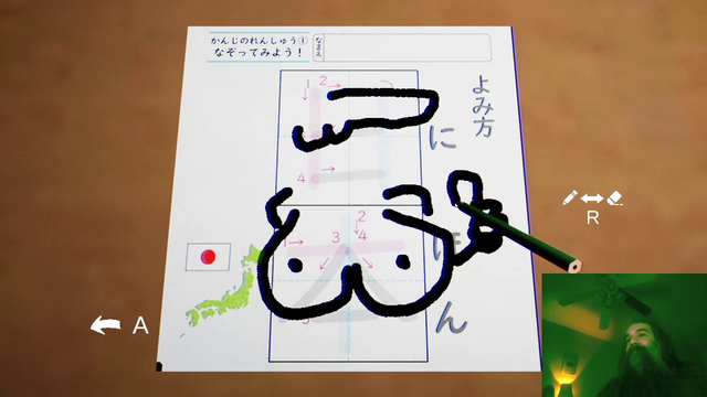 Aris practices writing Kanji