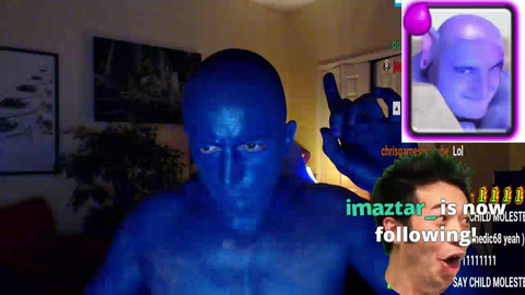 Guy cosplays as blue man group member