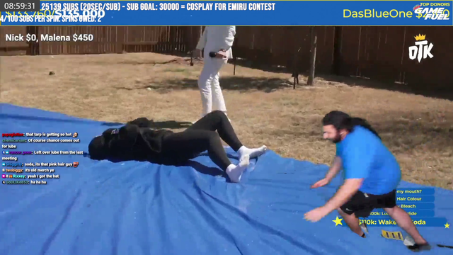 Esfand and Malena slip in lube while Nick sprays them