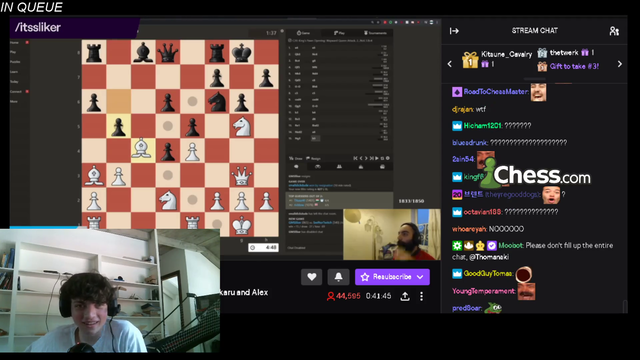 Hans malding over sliker blundering but swiftor misses the free queen (very loud its hans)