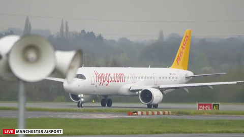 Very close separation between a departing Pegasus A321 and landing Jet2 B737 aircraft and Manchester Airport