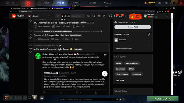 Alliance Co-Owner Lashes Out at Dota Commentator/Pro Kyle for His Tweets