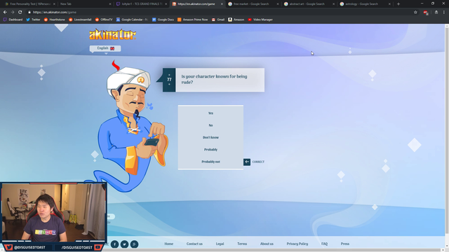 Toast tries to guess himself on Akinator