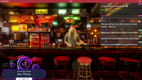 Streamer uses green screen to create an interactive "Bar" where the Chat can control the phone, jukebox, and other things through SoundAlerts