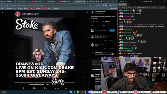 Hasan says Kendrick Lamar has to stream with him after Drake announces his stream with xQc