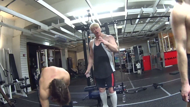 56 years old Norwegian gym Lord preach to motivate the college boys