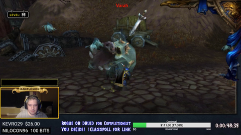 Guy who just killed boars to get to level 60 in World of Warcraft hits level 60.