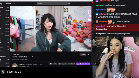 Emiru calls CodeMiko "fake as fuck" in Miko's chat as Miko reacts to her statement. (Chat on screen)